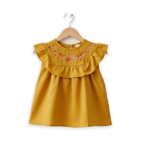 Girls Eastern Dress Cotton Top Mustard Yellow Floral Embroidered