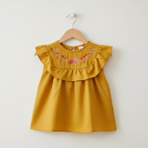 Girls Eastern Dress Cotton Top Mustard Yellow Floral Embroidered