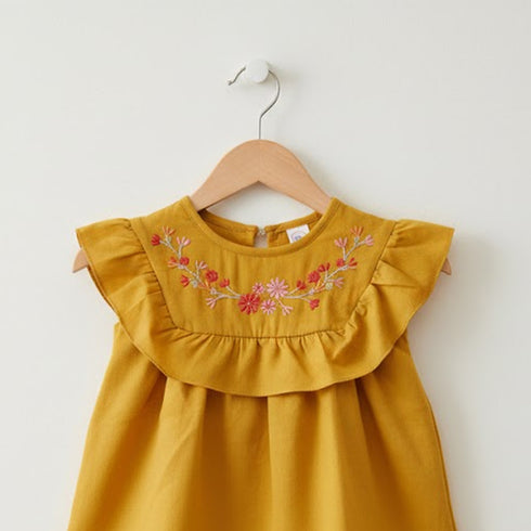 Girls Eastern Dress Cotton Top Mustard Yellow Floral Embroidered