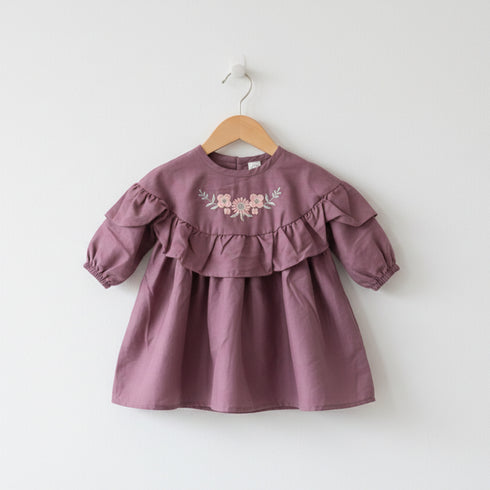 Girls Eastern Dress Cotton Top Plum Purple Floral Embroidered