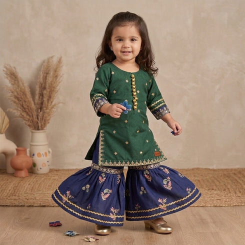 Girls Eastern Wear Suit Green & Navy Garara Style