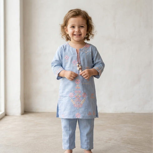 Girls Eastern Wear Suit Light Blue Floral Embroidered