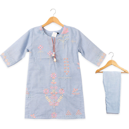 Girls Eastern Wear Suit Light Blue Floral Embroidered