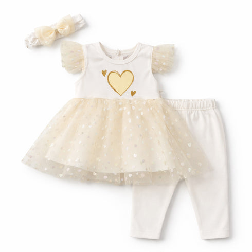 Girls Frock Suit with Tights and Headband Cream White Glittered
