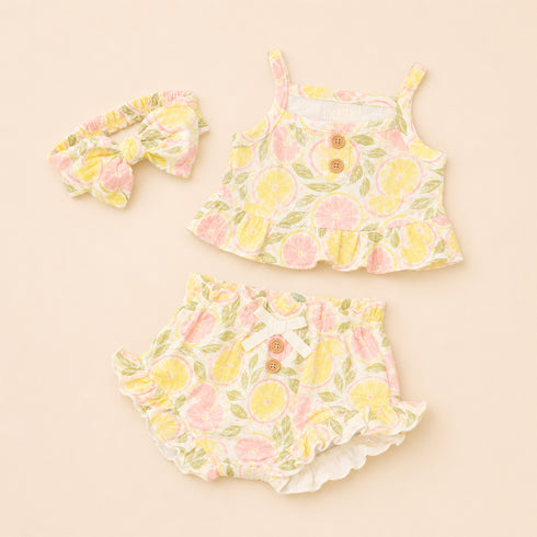 Girls Infants Cotton Dress Set Top with Shorts and Headband Pink and Yellow Printed