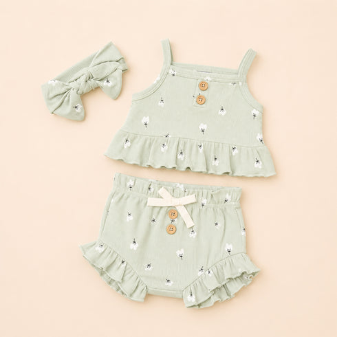 Girls Infants Cotton Dress Set Top with Shorts and Headband Green Printed