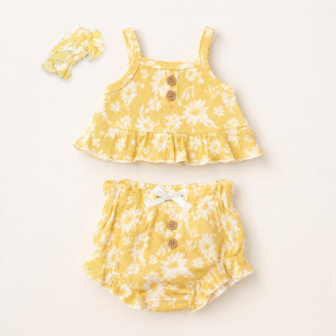 Girls Infants Cotton Dress Set Top with Shorts and Headband Yellow Printed