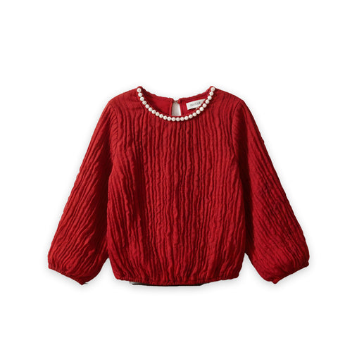 Girls Long Sleeve Fancy Top Maroon Striped Pearl Design