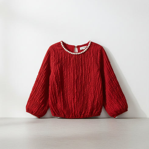 Girls Long Sleeve Fancy Top Maroon Striped Pearl Design