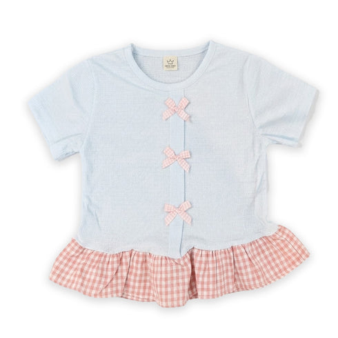 Girls Party Wear Skirt Style Top Light Blue & Pink Textured