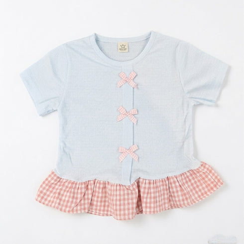 Girls Party Wear Skirt Style Top Light Blue & Pink Textured
