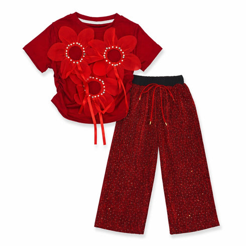Girls Party Wear Suit Maroon Floral Glitter Design