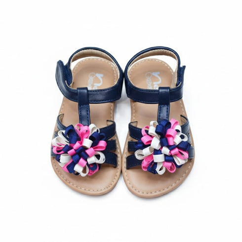 Girls Sandals Navy Pom-Pom T-Strap
