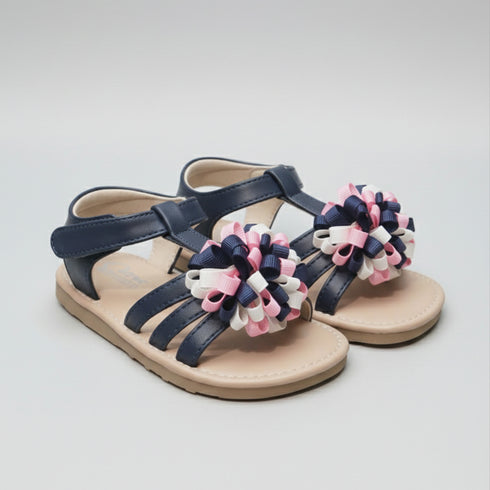 Girls Sandals Navy Pom-Pom T-Strap