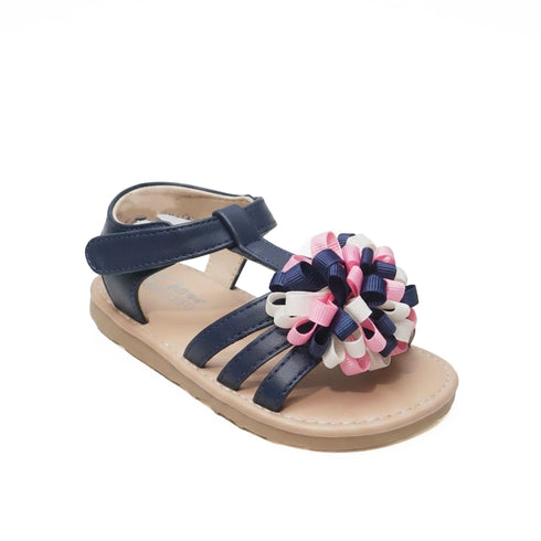 Girls Sandals Navy Pom-Pom T-Strap