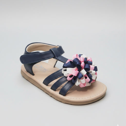 Girls Sandals Navy Pom-Pom T-Strap
