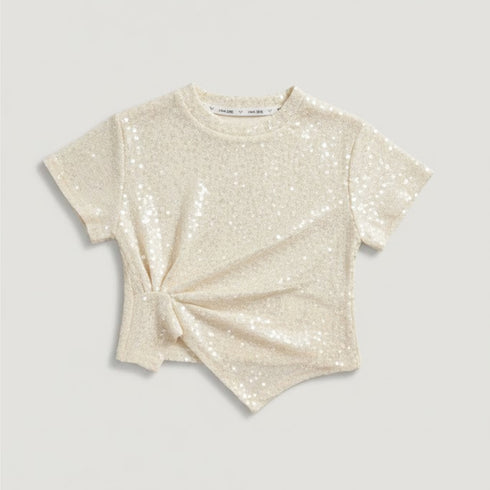Girls Sequin and Glittered Fancy Party Wear Top Beige