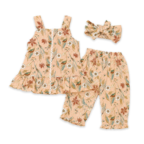Girls Cotton Suit Set Peach Flowers Print Top Straight Trouser and Headband