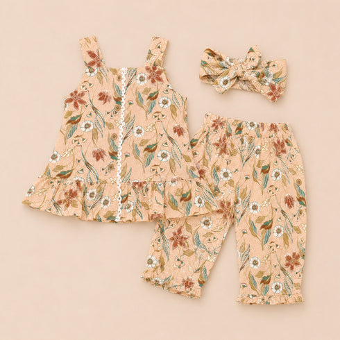 Girls Cotton Suit Set Peach Flowers Print Top Straight Trouser and Headband