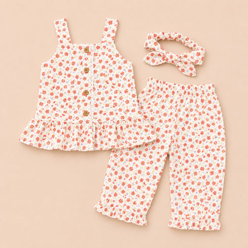 Girls Cotton Suit Set Pink Floral Print Top Straight Trouser and Headband