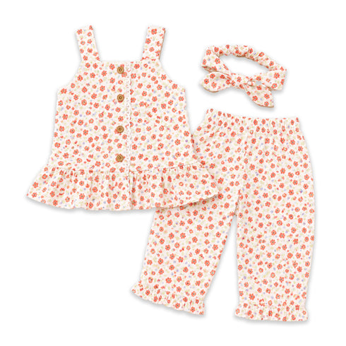 Girls Cotton Suit Set Pink Floral Print Top Straight Trouser and Headband