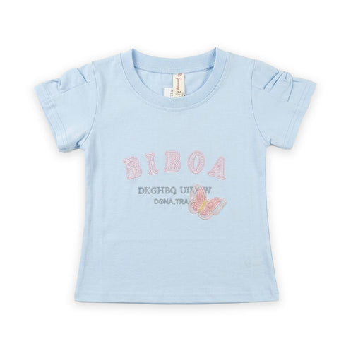 Girls T-Shirt Blue Butterfly Embroidered