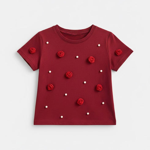 Girls T-Shirt Maroon Pearls Floral