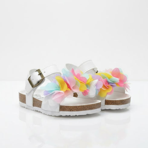 Girls White Sandal with Multi-Colored 3D Fabric Flowers