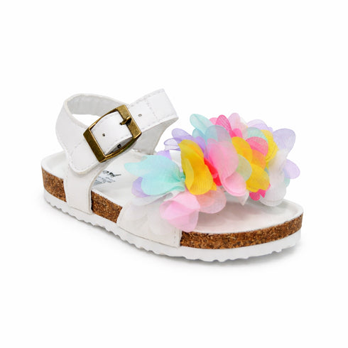 Girls White Sandal with Multi-Colored 3D Fabric Flowers