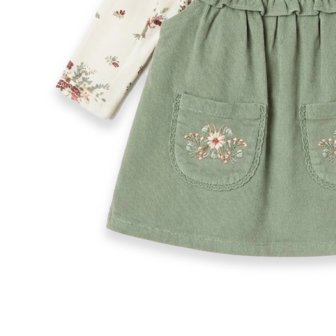 Floral Pocket Corduroy Toddler Girl Dresse Set Tshirt With Dangri Style Frock 1-4Y