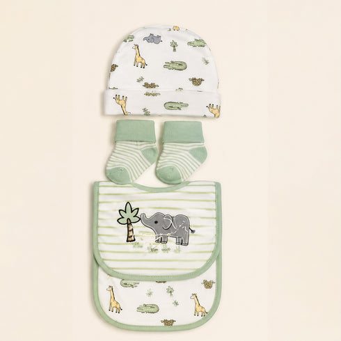 Infant Cap Bibs and Socks Set White Green Baby Elephant