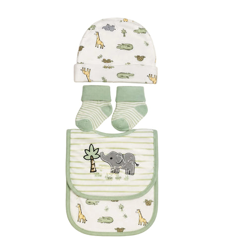Infant Cap Bibs and Socks Set White Green Baby Elephant