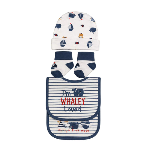 Infant Cap Bibs and Socks Set White Purple Whaley
