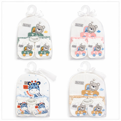 Infants Cap Booties Mittens Set White Printed Characters