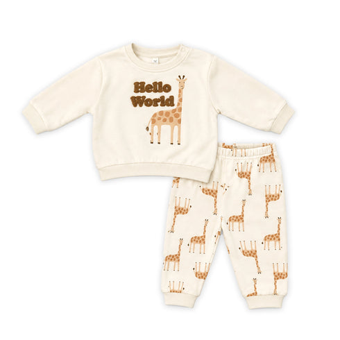 Cream Baby Boy Suit Hello World Sweatshirt Trouser Suit Set 0-9M
