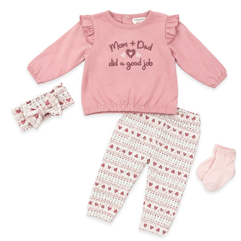 Tea Pink Mauve Ruffle Cotton Baby Girl Dresses Top Trouser Set 0-9M