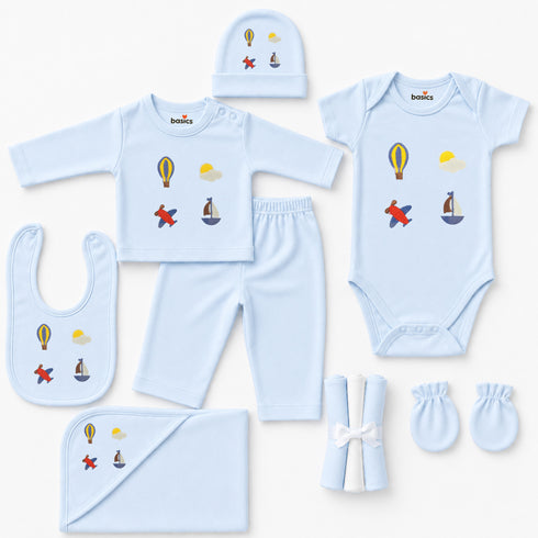 Pack of 10 Baby Starter Gift Set Blue Aeroplanes Embroidered