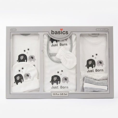 Pack of 10 Baby Starter Gift Set White Baby Elephant Embroidered