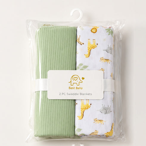 Infant Pack of 2 Cotton Swaddle Wrapping Sheets Green White Safari