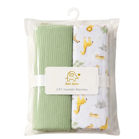 Infant Pack of 2 Cotton Swaddle Wrapping Sheets Green White Safari