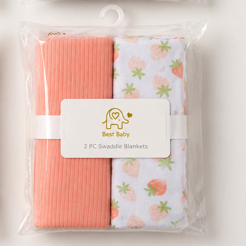 Infant Pack of 2 Cotton Swaddle Wrapping Sheets Pink Strawberries Print