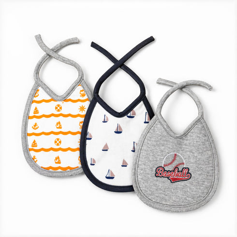 Pack of 3 Baby Bibs Grey White Baseball Ship Design