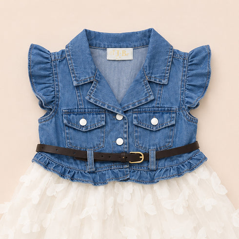 Party Wear Denim Style Frock Blue White Butterfly Design