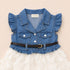 Party Wear Denim Style Frock Blue White Butterfly Design