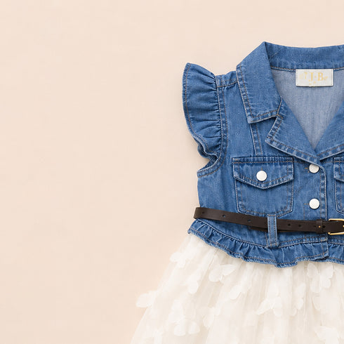 Party Wear Denim Style Frock Blue White Butterfly Design