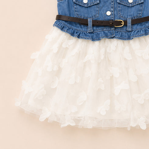 Party Wear Denim Style Frock Blue White Butterfly Design