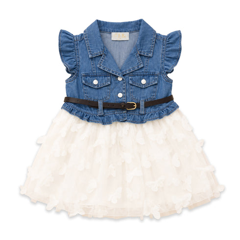 Party Wear Denim Style Frock Blue White Butterfly Design