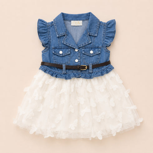 Party Wear Denim Style Frock Blue White Butterfly Design