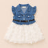 Party Wear Denim Style Frock Blue White Butterfly Design