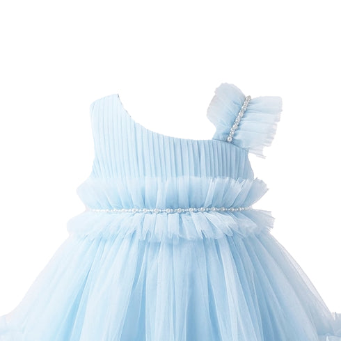 Blue Party Wear Frock One Shoulder Ruffle